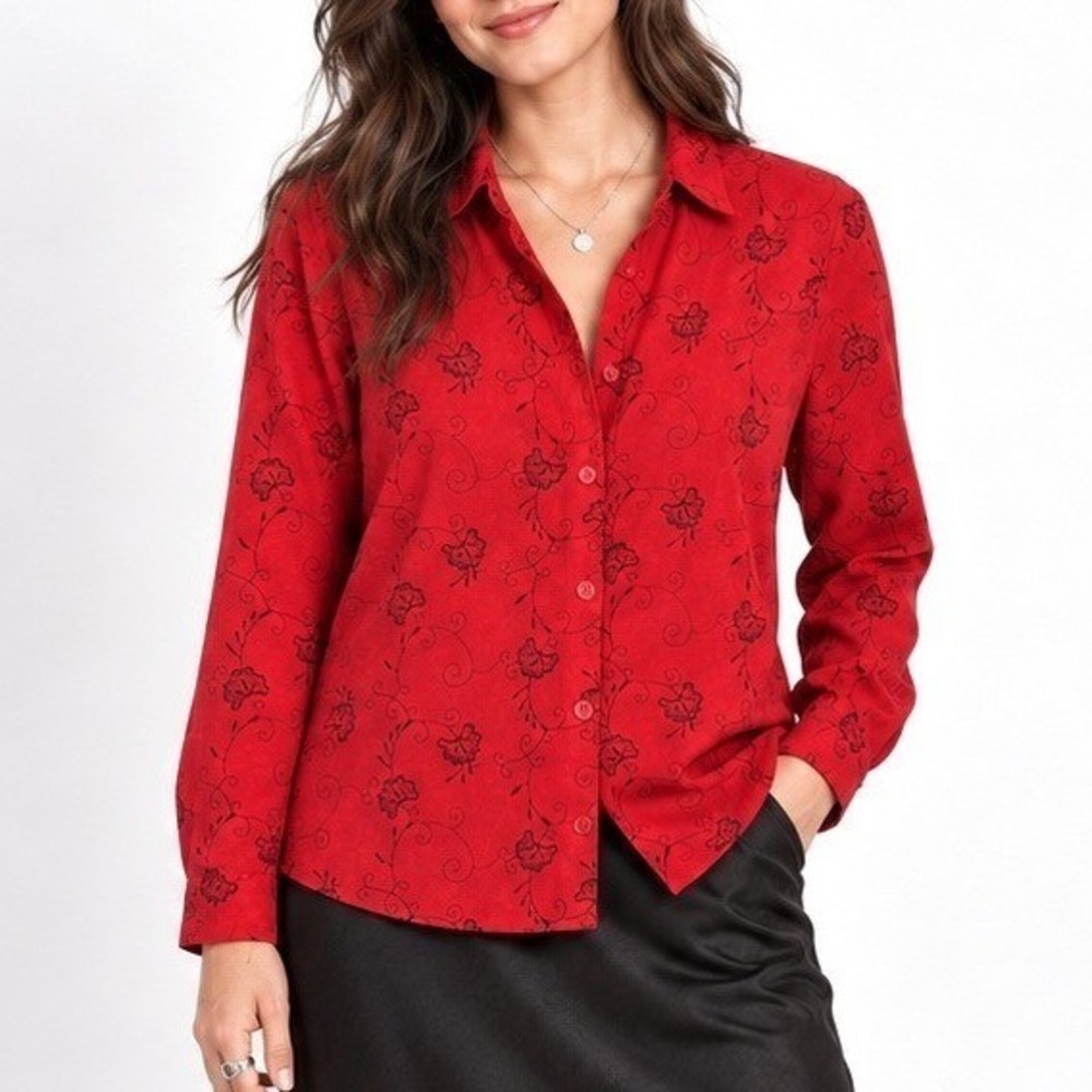 VTG 90s Red Floral Embroidered Faux Suede Blouse Whimsigoth Sag Harbor